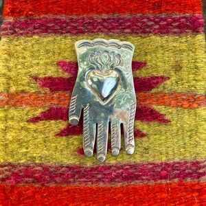 Folk Art Heart in Hand Silver Brooch
